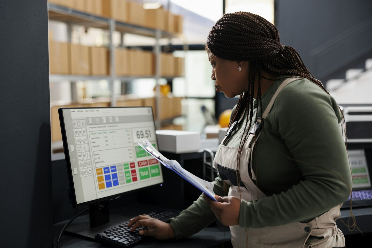 African american worker looking at inventory report